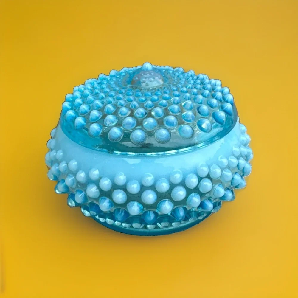 Fenton Style Blue Hobnail Opalescent Powder Dresser Vanity Jar w/Lid 4